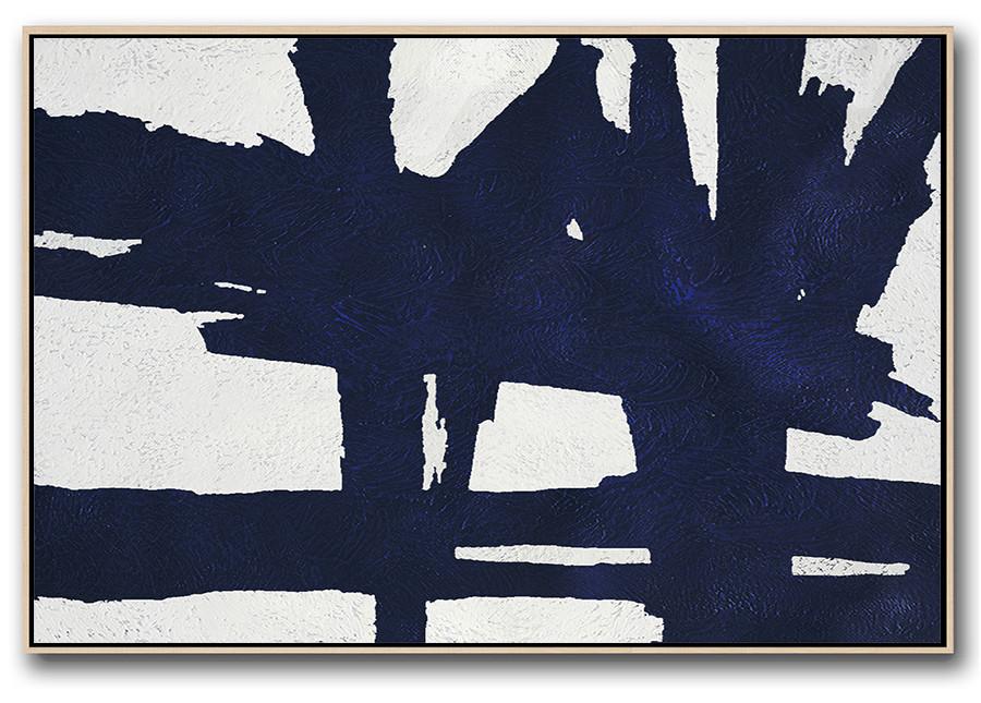 Horizontal Abstract Painting Navy Blue Minimalist Painting On Canvas - Art Abstract Modern Extra Large